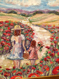 French Italy Mother Child Red Poppies KADLIC Original Oil Painting Art 24x20