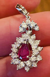Vintage Estate 18K Gold 1.86ct Diamond Halo Pear Ruby Diamond Pendant