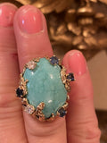 Vintage Heavy 1960s Retro 18k Gold Turquoise Sapphire Diamond Ring