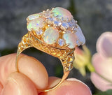 Vintage Midcentury 1950s 14k Gold Opal VS Diamond Cluster Cocktail Ring