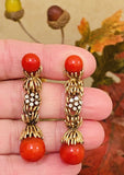 Vintage Estate 14K Gold Red Coral Diamond Dangle Drop Pendant Earrings