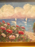 KADLIC Floral Sailboats Seascape Original Oil Painting 18x24" Gold Gilt Frame