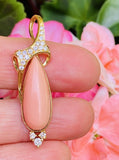 Vintage Estate 14k Gold Salmon Pink Coral Diamond Necklace Pendant