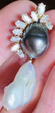 Vintage 14k Gold Baroque Tahitian Pearl Marquise Diamond Necklace Pendant