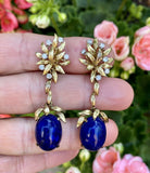 Vintage Estate Freeform 18k Gold Diamond Lapis Pear Dangle Drop Earrings