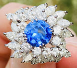 Vintage 1950s Platinum 5ct Blue Sapphire VS Diamond Marquise Halo Ballerina Ring