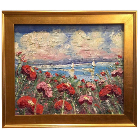 KADLIC Red Poppies Poppy Seascape Original Oil Painting 20x24" Gold Gilt Frame