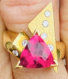 Vintage 1960s Retro 18k Gold Hot Pink Tourmaline Rubellite Diamond Cocktail Ring