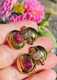 Vintage 18k Gold Pink Tourmaline Diamond Drop Clip Earrings