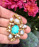 Arthur King 1970s Retro Diamond Pearl Turquoise 18k Gold Free Form Brooch RARE