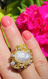 Vintage Estate 14k Gold Heavy Freeform Baroque Pearl Diamond Nugget Ring