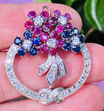 Vintage Art Deco 1940s 14k Gold Ruby Sapphire Diamond Brooch Pin Pendant