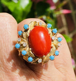 Vintage Heavy Free Form Retro Estate 14k Gold Red Coral Turquoise Diamond Ring