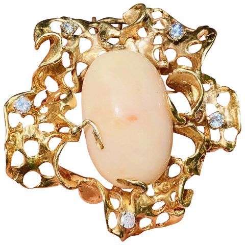 Vintage Freeform Organic 18K Gold Angel Skin Coral Diamond Brooch