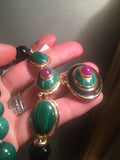 Maz 14k  Gold Green Malachite Beaded Strand Necklace Ruby Onyx Pendant