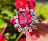 Vintage Estate 18k Gold Pink Red Tourmaline VS Diamond Halo Cocktail Ring