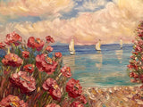 30x30” Pink Floral Flowers Beach Seascape KADLIC Original Oil Painting Art