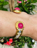 Vintage Estate Italian 18k Gold Pink Tourmaline Moonstone Diamond Cuff Bracelet