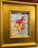 KADLIC Original Oil Painting Impressionist Beach Mother Child Boy Gold Frame
