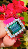 Vintage Estate 14k Gold 6ct Emerald Cut Green Tourmaline Diamond Cocktail Ring