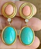 Vintage 18K Gold Coral Turquoise  0.30ct Diamond Drop Dangle Pendant Earrings