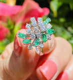 Vintage 1950s Estate Platinum 2ct Marquise Emerald Diamond Cluster Cocktail Ring