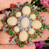 Impressive Heraldic 18k Yellow Gold Angel Skin Coral Emerald Diamond Brooch