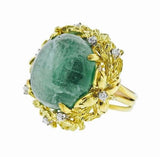 Vintage Naturalistic 18k Gold Diamond Emerald Cabochon Free Form Cocktail Ring