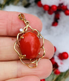 Vintage Estate 14K Gold Red Coral Diamond Necklace Pendant