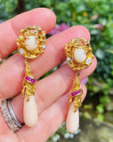 Vintage 14k Gold Retro Diamond Ruby Angel Skin Coral Day/Night Dangle Earrings