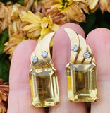 Vintage 1950s Retro Estate 18k Gold Emerald Cut Citrine Diamond Earrings