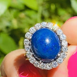 Vintage 14k Gold 7.00ct Lapis Lazuli G VS Diamond Halo Ballerina Cocktail Ring