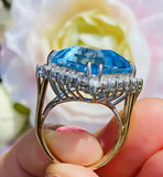 Vintage Large 14k White Gold 20ct Blue Topaz Diamond Halo Cocktail Ring