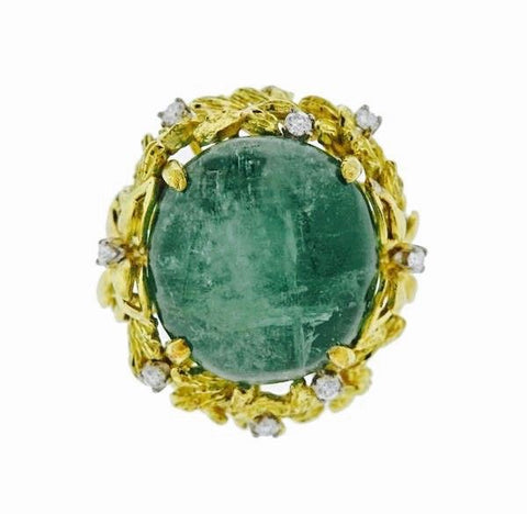 Vintage Naturalistic 18k Gold Diamond Emerald Cabochon Free Form Cocktail Ring