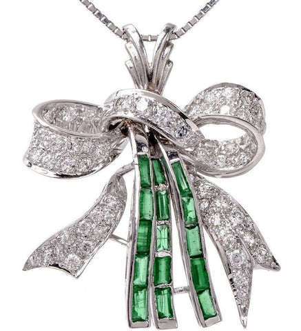 Vintage Mid Century Retro VS Diamond 4ct Emerald Platinum 18k Necklace Pendant