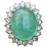 Large Vintage 1950s 10ct Emerald Cabachon VS Diamond Halo Platinum Cocktail Ring