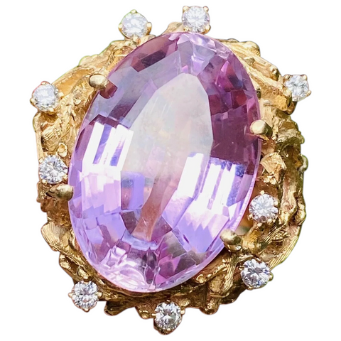Vintage Estate 14k Gold Large 15ct Pink Kunzite Diamond Cocktail Ring