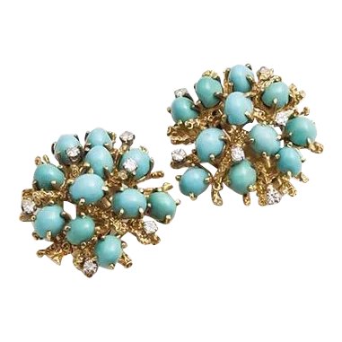 Tiffany Designer George Schuler 1 Ct VS Diamond Turquoise 18k Gold Clip Earrings