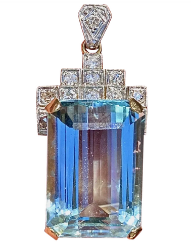 Antique Vintage Art Deco 14K Gold Platinum 21ct Aquamarine Diamond Pendant