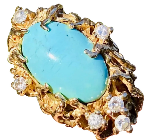 Vintage 1960s Freeform 14k Gold Turquoise Diamond Ring Retro