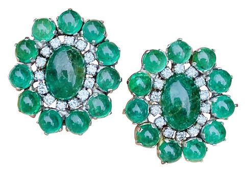 Impressive Vintage Estate 14k Gold 17ct Emerald Diamond Halo Drop Clip Earrings