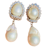 Striking 18k Gold Vintage South Sea Pearl 2.20ct VS Diamond Drop Earrings