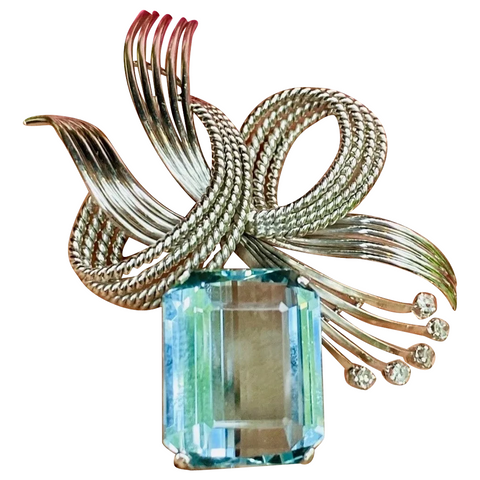 Vintage 1950s Retro Midcentury 18k Gold 7.41 ct Diamond Aquamarine Brooch