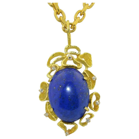 Mid Century Vintage 18k Gold Retro 1970 Lapis Lazuli Diamond Necklace Pendant