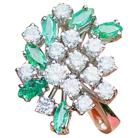 Vintage 1950s Estate Platinum 2ct Marquise Emerald Diamond Cluster Cocktail Ring