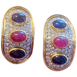 Vintage Estate 14k Gold 1.80ct VS Diamond Sapphire Ruby Cabachon Earrings