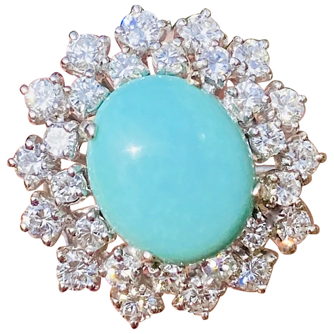 Vintage Estate 14k White Gold 7.75ctw Turquoise Diamond Halo Engagement Ring