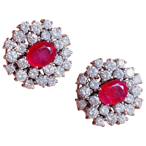 Vintage 1950s Estate 18k White Gold 5ct Ruby Diamond Halo Large Drop Earrings