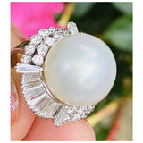Vintage Estate 18k White Gold South Seas 14mm Pearl 3.55ct Diamond Halo Ring