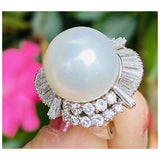 Vintage Estate 18k White Gold South Seas 14mm Pearl 3.55ct Diamond Halo Ring
